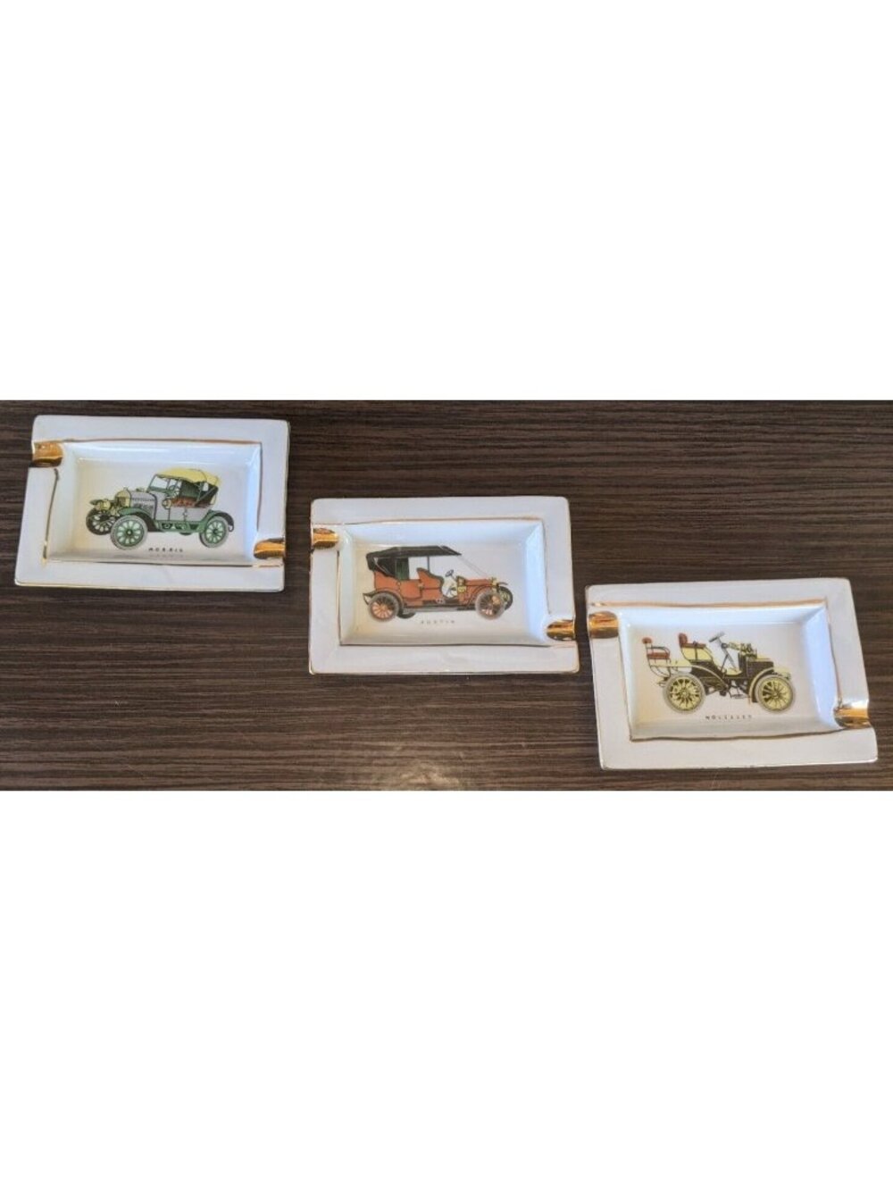 3 Vintage Hand Painted Car Ashtrays - Morris Austin Wolseley ESD Japan Gold Rim